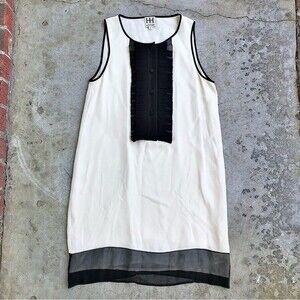 Haute Hippie Silk Shift Dress Tuxedo Ruffle Ivory White Black Trim Tank Mini S